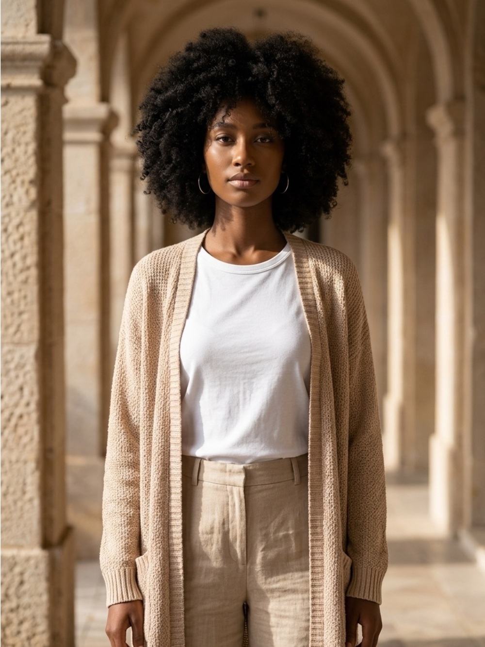 American Eagle Outfitters Neutral Beige Open-Front Knit Cardigan